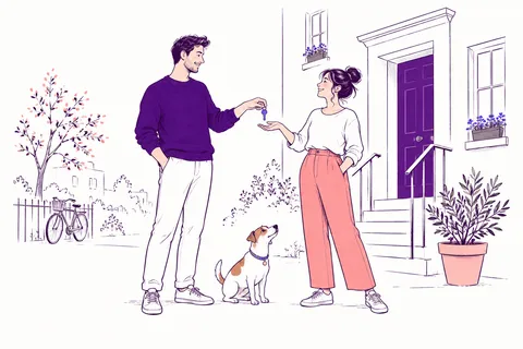 A landlord hands a key to a tenant outside a home.